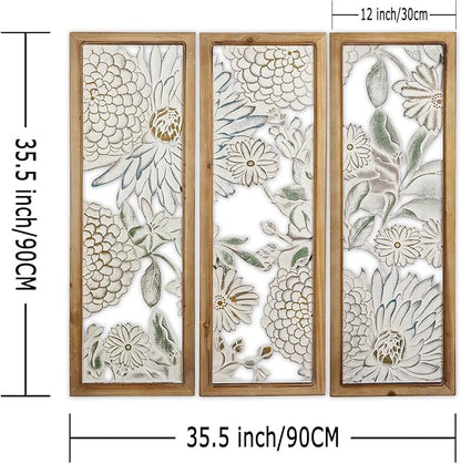 XIAOAIKA Boho Carved Wall Art Decor, 35.5 Inch Hand-Carved Panels, Antique Distressed White Wall Sculpture, Decorative Hanging Wall Décor, Elegant Vintage Wall Art Plaque (3 Panels)