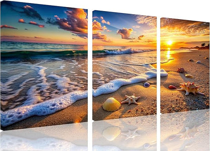TutuBeer 3 Panels Beach Picture Beach Wall Art Blue Sea Sunset with Starfish Ocean Canvas Painting Sea Artwork for Walls Seascape the Pictures for Home Decor Wall Decor Ready to Hang 16x32inchx3