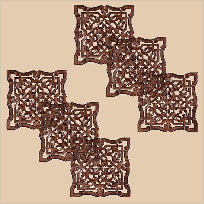 Wall Panels for Living Room & Bedroom – Hand-Carved Decorative Wood Wall Art Set of 6, 12x12" Natural Burnt Finish, Rustic Home Décor,Elegant Decorative Wall Art for Home & Office