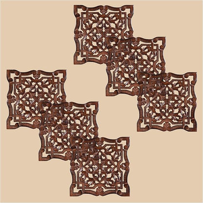 Wall Panels for Living Room & Bedroom – Hand-Carved Decorative Wood Wall Art Set of 6, 12x12" Natural Burnt Finish, Rustic Home Décor,Elegant Decorative Wall Art for Home & Office