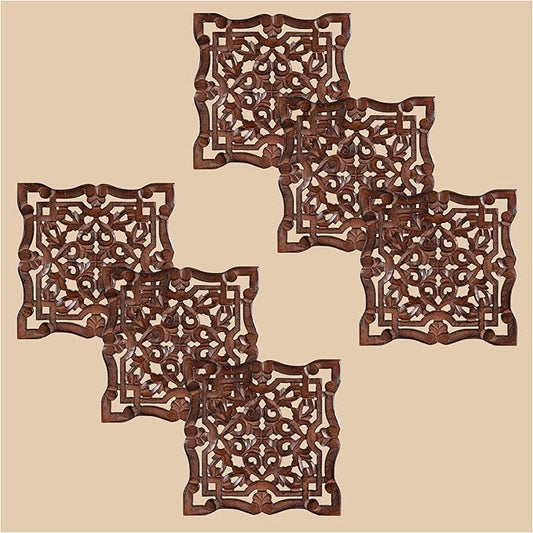 Wall Panels for Living Room & Bedroom – Hand-Carved Decorative Wood Wall Art Set of 6, 12x12" Natural Burnt Finish, Rustic Home Décor,Elegant Decorative Wall Art for Home & Office