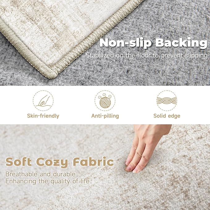 8x10 Area Rug for Living Room: Washable Abstract Soft Rugs Non Slip Modern Stain Resistant Low Pile Carpet for Dining Room Bedroom Nursery Office (Beige, 8'x10')