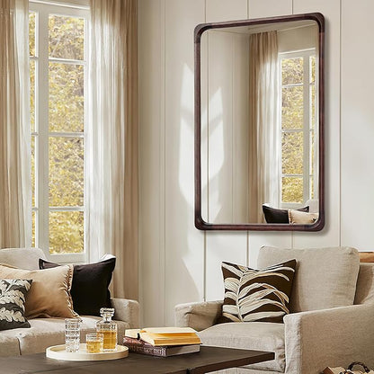 Tanmicoshomy Wood Bathroom Mirror 30 x 48 Inch, Solid Wood Framed Large Rectangle Mirrors with Tempered Glass for Living Room Bedroom Office or Entryway(Dark Brown)