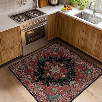 RELEANY Area Rugs Square 4ft Washable Non-Slip, Floral Vintage Distress Print Pattern Medallion Carpet for Living Room Bedroom Dining Room, Red Black