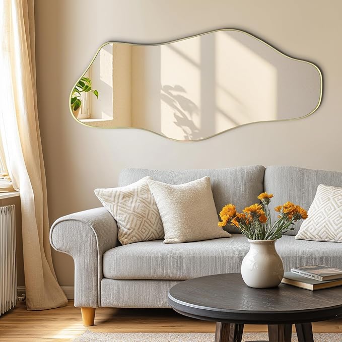 Irregular Wall Mirror, 51.1"x23.6" Asymmetrical Frameless Mirrors, Large Modern Organic Shaped Mirror for Living Room Bedroom Hallway Entryway, Horizontal or Vertical Hanging