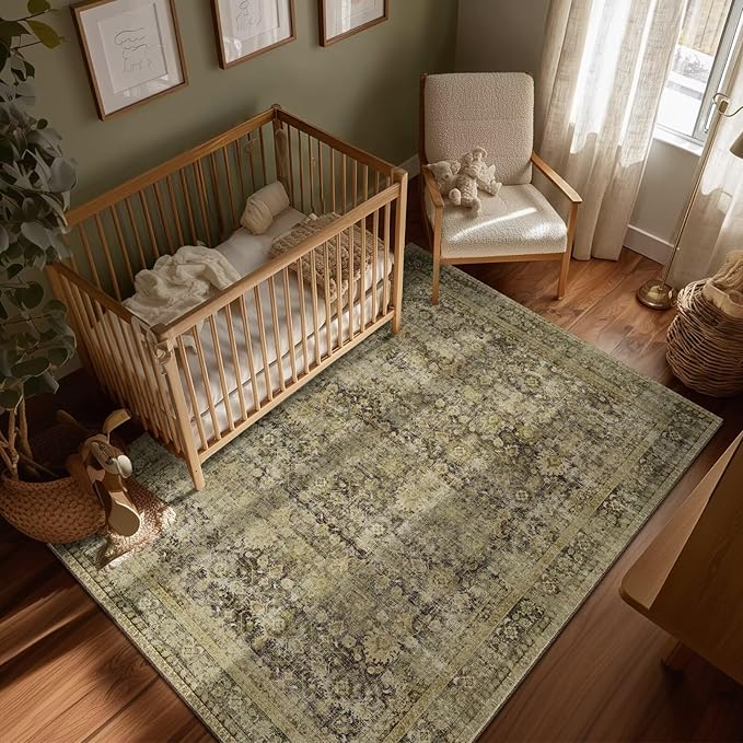 Office, 0.3" Neutral Oriental Throw Thin Carpet with Cushioning, Moss/Yellow/Multi, C3