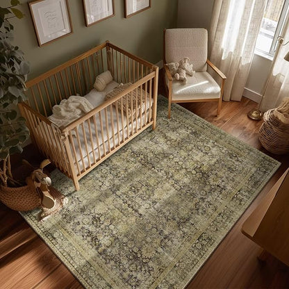 Office, 0.3" Neutral Oriental Throw Thin Carpet with Cushioning, Moss/Yellow/Multi, C3