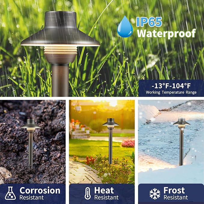 Gardenreet Outdoor Path Lights Brass, LED Landscape Pathway Light, Low Voltage Driveway Lamp Waterproof, Mini Shade 12V Wired Bronze for Walkway Sidewalk with 3W 270LM 2700K G4 Bulb 6 Pack