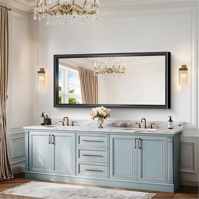 Large Bathroom Mirror, 60 x 28 Inch Rectangular Wall Mirror 0.6" Thickened Deep Frame, Brushed Black Mirrors for Bathroom Sink, Shatterproof Tempered Glass, Antirust, Horizontally or Vertically