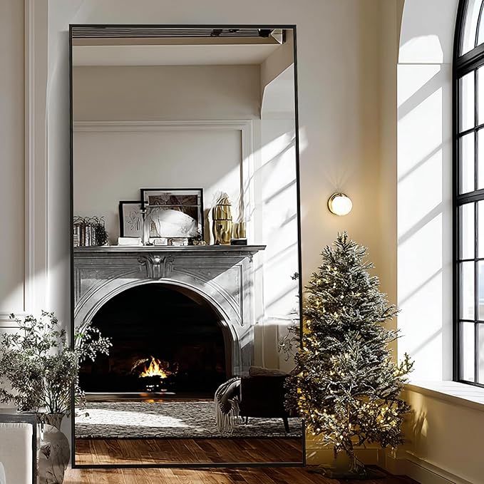 Beauty4U 79" x 39" Full Length Mirror with Stand, Large HD Tempered Glass Floor Mirror, Wall Mounted/Leaning/Standing, Black Metal Frame Full Body Mirror for Bedroom, Living Room, Dressing Room
