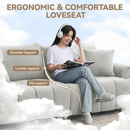 88 "Modern Boucle Sofa Couch, Oversized Comfy 3 Seater Sherpa Curved Sofas Deep Seat, Upholstered Loveseat Teddy Round Arm Couches for Living Room, Bedroom, Light Grey