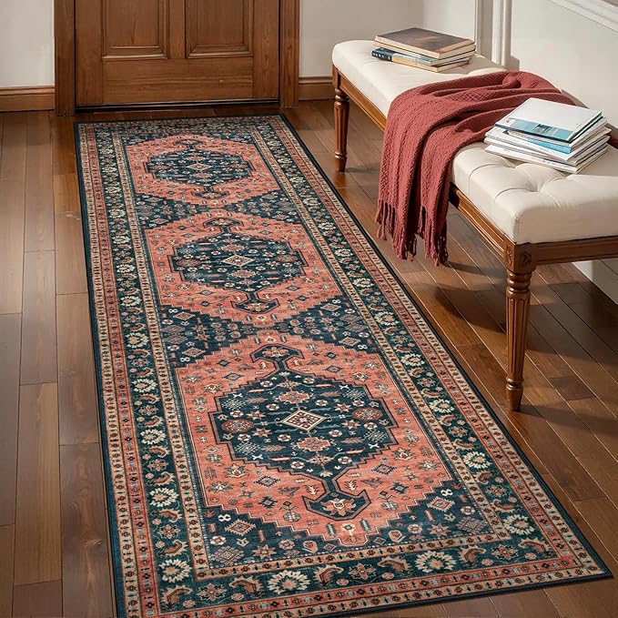Tangsoo 2.6x10 Runner Rug for Hallways,Washable Non Slip Vintage Kitchen Runner Rug,Boho Red Blue Soft Print Distressed Low Pile Long Floor Carpet for Bedroom Bathroom Laundry Room