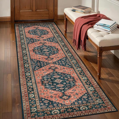 Tangsoo 2.6x10 Runner Rug for Hallways,Washable Non Slip Vintage Kitchen Runner Rug,Boho Red Blue Soft Print Distressed Low Pile Long Floor Carpet for Bedroom Bathroom Laundry Room
