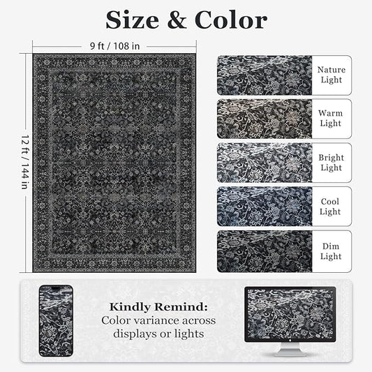 Vintage Dark Large Area Rugs 9x12 for Living Room, Earth Tone Big Room Carpet Rug for Bedroom Dining Room, Washable Carpet Rug with Rubber Backing Low Pile Thin Soft for Family Room, Midnight