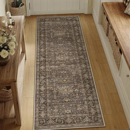 2x14 Washable Runner Rug for Hallway Kitchen Vintage Brown Non Slip Low Pile Carpet Traditional Retro Soft Throw Rug for Bathroom Bedroom Entryway Indoor Entrance