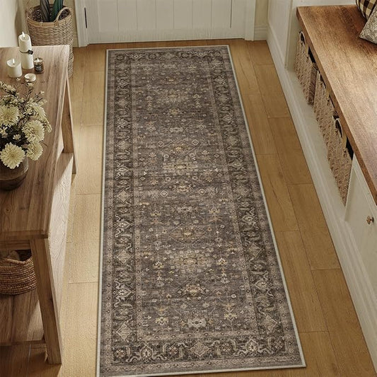 2'6x10 Washable Runner Rug for Hallway Kitchen Vintage Brown Non Slip Low Pile Carpet Traditional Retro Soft Throw Rug for Bathroom Bedroom Entryway Indoor Entrance