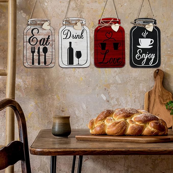 Yalikop 4 Pcs Wooden Kitchen Wall Decor Mason Jar Shaped Eat Drink Enjoy Love Hanging Sign Rustic Home Decor for Farmhouse Dining Room, 8 x 5 Inch(Retro Style,White, Brick Red, Light Brown, Black)