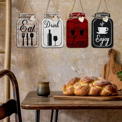 Yalikop 4 Pcs Wooden Kitchen Wall Decor Mason Jar Shaped Eat Drink Enjoy Love Hanging Sign Rustic Home Decor for Farmhouse Dining Room, 8 x 5 Inch(Retro Style,White, Brick Red, Light Brown, Black)