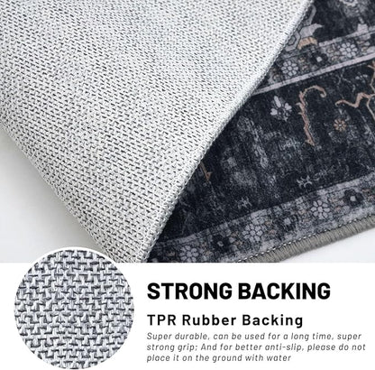 KUTA 3x5 Rugs for Entryway, Vintage Floral Area Rug Washable Non-Slip Black Grey Orange Ultra Thin Soft Printed Distressed Entry Low-Pile Throw Carpet for Bedroom Nursery Living Room