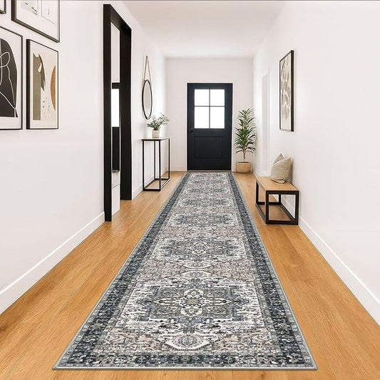 KOZYFLY Runners for Hallways 3x18 Ft Extra Long Washable Faux Wool Thin Runner Rug Printed Stair Carpet for Entryway Bedroom Kitchen Hallway Living Room, Black/Taupe/Beige