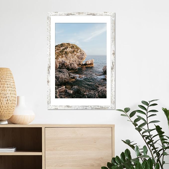 iRahmen 24x36 Poster Frame Set of 2 with Plexiglass, Distressed White Wood Frames Display 20x30 Picture with Mat or 24 x 36 Without Mat, Photo Gallery Wall Mounting Horizontal and Vertical