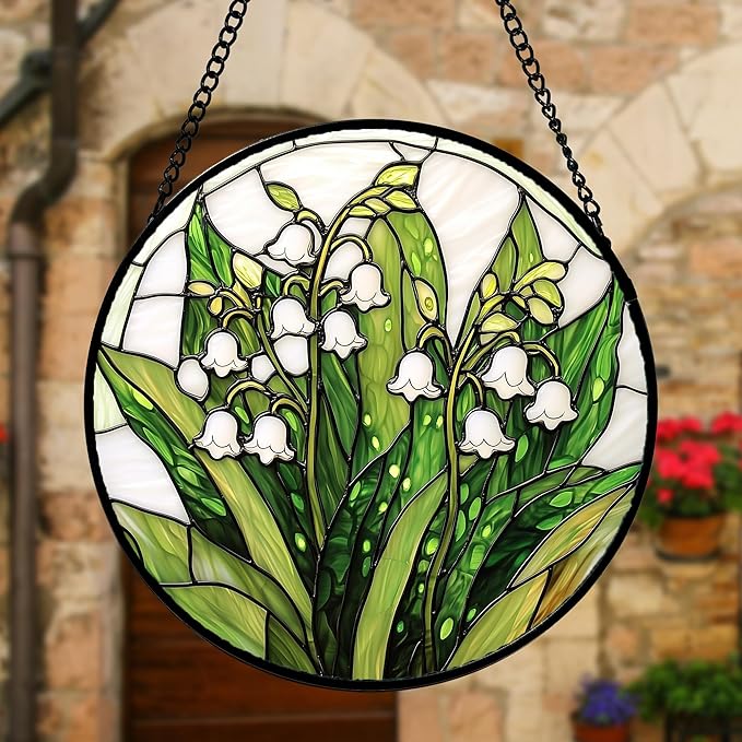 DASTOLL Stained Glass Window Hanging, Lily of the Valley Flower Sun Catchers Colorful Glass Panel Green Plants Suncatcher Decor for Birthday for Women,Men,Wife, Lovers, and Mom 7.8 in
