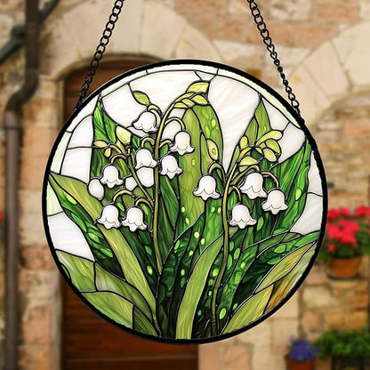 DASTOLL Stained Glass Window Hanging, Lily of the Valley Flower Sun Catchers Colorful Glass Panel Green Plants Suncatcher Decor for Birthday for Women,Men,Wife, Lovers, and Mom 7.8 in