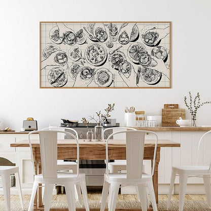 Sketch Food and Drink Framed Canvas Wall Art Set,Retro Pizza Cheers Friends Party Wall Decor,Black and White Overhead View of Gathering Artwork for Kitchen Dining Room Restaurant Decor-20" x40"
