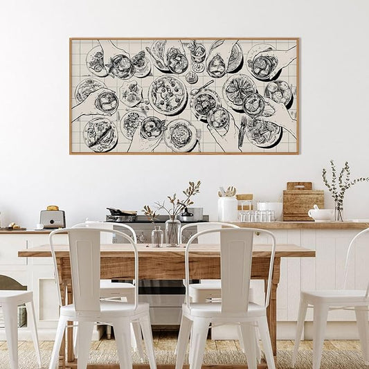 Sketch Food and Drink Framed Canvas Wall Art Set,Retro Pizza Cheers Friends Party Wall Decor,Black and White Overhead View of Gathering Artwork for Kitchen Dining Room Restaurant Decor-20" x40"