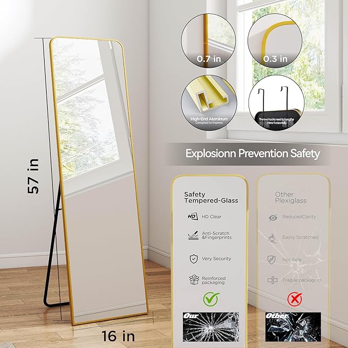SCWF-GZ Rectangle 57x16 Mirror Full Length Wall Mounted Hanging or Against Wall Metal Frame Dressing Make-up Mirrors for Entryway Bedroom Bathroom Living Room 57 16 inch Gold