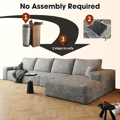 136" Sectional Couches for Living Room Cloud Couch Sofa with L-Shape Upholstered Boneless Couchs Modern Modular Sectional Couch with Chaise (Grey, 136" Right Facing Chaise+3Seaters)