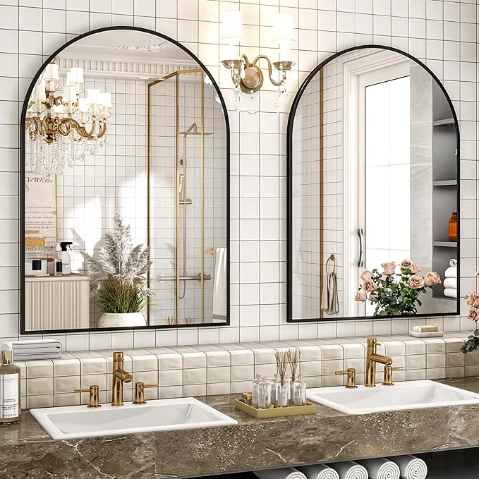 XRAMFY 30x38 Inch Arched Bathroom Mirror - Black Metal Frame Wall Mounted Vanity Mirror for Bathroom, Bedroom, Living Room, Hanging or Leaning Decorative Mirror