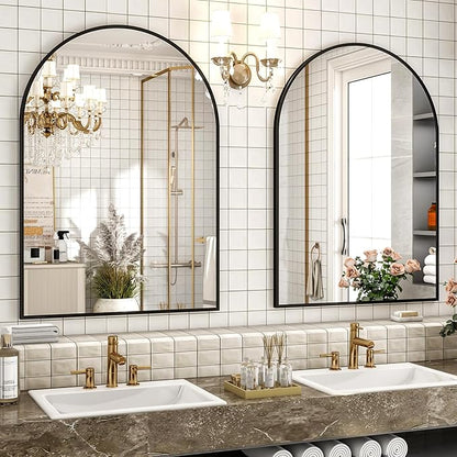 XRAMFY 30x38 Inch Arched Bathroom Mirror - Black Metal Frame Wall Mounted Vanity Mirror for Bathroom, Bedroom, Living Room, Hanging or Leaning Decorative Mirror