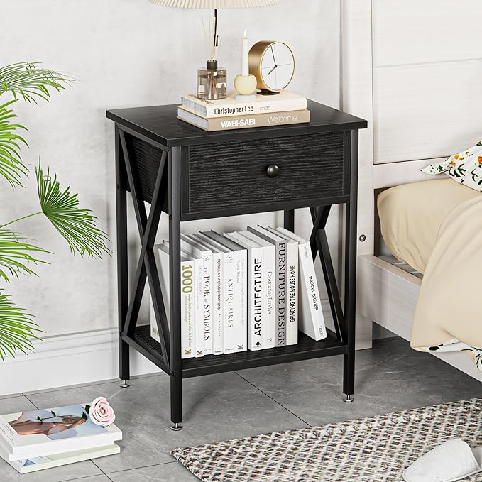 VECELO Nightstand,Modern Bedside End Table, Night Stand with Drawer and Storage Shelf for Living Room Bedroom, Industrial Metal Frame