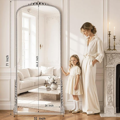 Antique Full Length Mirror 71" x 32", Antique Silver Arched Large Vintage Mirror in Baroque Style with Tempered Glass, Freestanding for Bedroom, Living Room, Cloakroom