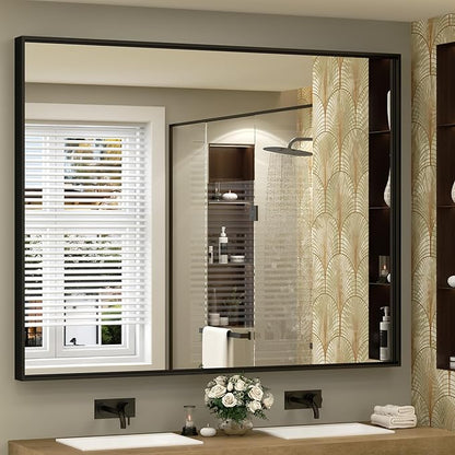 48x40 Inch Black Metal Framed Bathroom Mirror for Wall, Large Rectangle Mirror, Matte Black Bathroom Vanity Mirror, Anti-Rust, Square Corner, Shatterproof (Horizontal/Vertical)