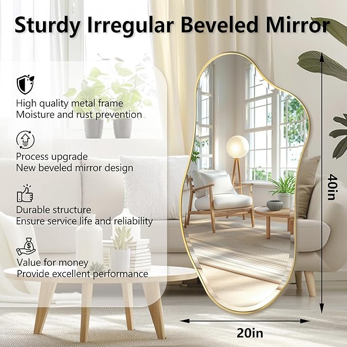 POZINO Irregular Beveled Mirror, 53"x26.5" Modern Premium Organic Wall Mirror with Metal Frame, Gold Asymmetrical Aesthetic Mirrors for Living Room Bedroom Hallway Entryway, Horizontal/Vertical