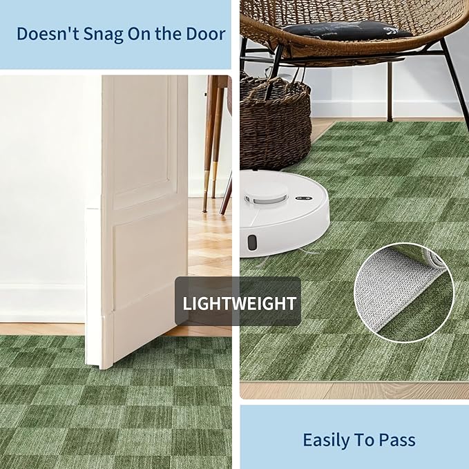 GarveeHome Moss Green Checkered Rug 6×9 Area Rugs for Living Room,Non-Slip Washable Rug Soft Low-Pile,Neutral Modern Checkerboard Farmhouse Geometric Rugs for Bedroom Dining Room