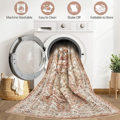 10x14 Area Rugs Living Room: Machine Washable Boho Large Vintage Soft Rug Stain Resistant Farmhouse Oriental Non Slip Indoor Carpet for Bedroom Nursery Kids Playroom Office Dining Room- Red Brown