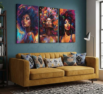 3Pcs African American Women Canvas Wall Art Colorful Graffiti Afro Girl Painting Modern Abstract Aesthetic Pictures Wall Decor Posters Print Artwork for Living Room Bedroom Home Decoration