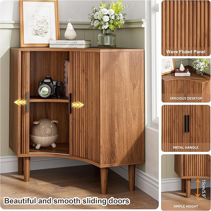 Fluted Corner Cabinet, Small Corner Floor Cabinet with Sliding Doors and Adjustable Shelves, Modern Wooden Freestanding Narrow Storage Organizer for Small Space,Living Room, Dining Room, Bathroom