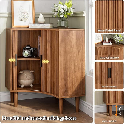Fluted Corner Cabinet, Small Corner Floor Cabinet with Sliding Doors and Adjustable Shelves, Modern Wooden Freestanding Narrow Storage Organizer for Small Space,Living Room, Dining Room, Bathroom