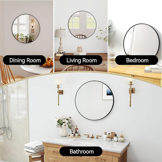 SCWF-GZ 24" Round Mirror Circle Wall Mounted Hanging or Against Wall Aluminum Alloy Metal Frame Dressing Make-up Mirrors for Entryway Bedroom Bathroom Living Room 24 inch Black