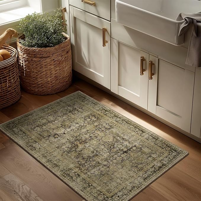 Washable 2x3 Entryway Rug, Boho Non-Slip Door Mat Vintage Distress Small Rugs for Kitchen Nursery Office Bedroom, 0.3" Neutral Oriental Throw Carpet with Cushioning Pad, Moss/Yellow/Multi, C3