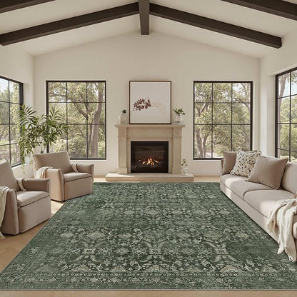 Rugxara 8x10 Area Rugs for Living Room Bedroom, Large Washable Rug, Green Vintage Floral Boho Rug, Non Slip & Low Pile Faux Wool Thin Carpet for Indoor Dining Room and Kids Room(Green 8x10ft)