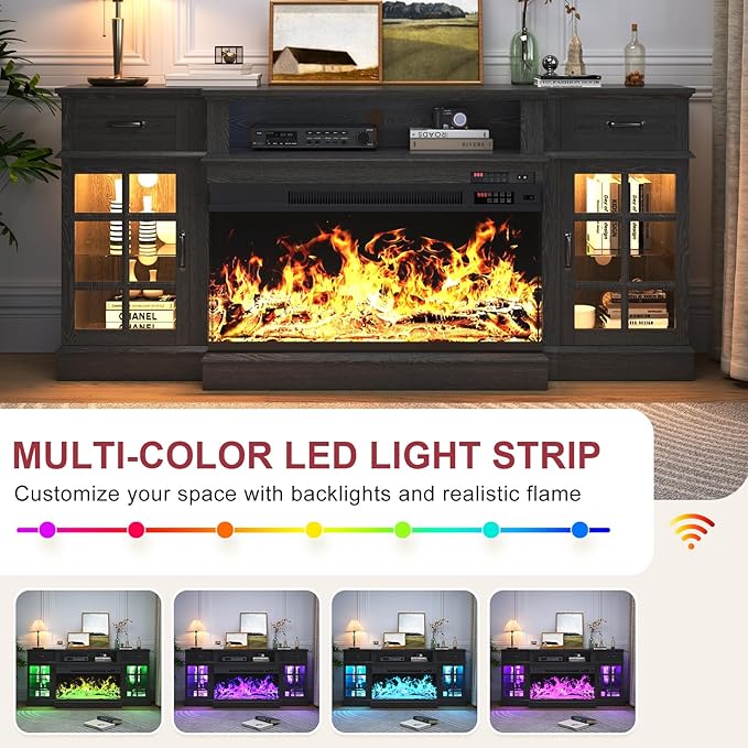 70" TV Stand with 36" Electric Fireplace, Entertainment Center Console Table for TV up to 80'', Fireplace TV Stand with Open Storage Shelves and Glass Door for Living Room, Black