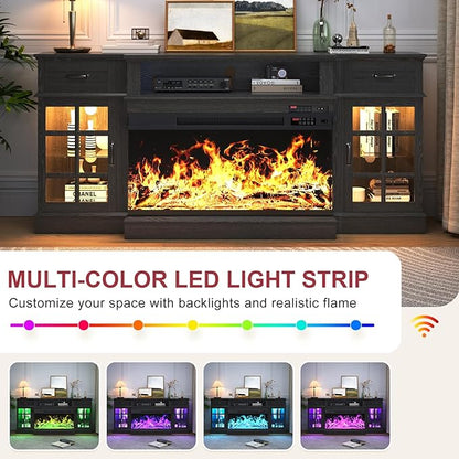 70" TV Stand with 36" Electric Fireplace, Entertainment Center Console Table for TV up to 80'', Fireplace TV Stand with Open Storage Shelves and Glass Door for Living Room, Black