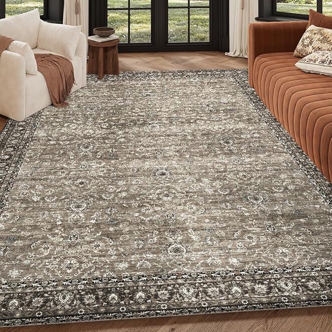 4x6 Area Rugs Grey and Brown Washable Rug for Living Room, Dining Room, Bedroom, Large Carpets, Non Slip & Non-Shedding Low Pile Vintage Print Rug for Home Office Decor