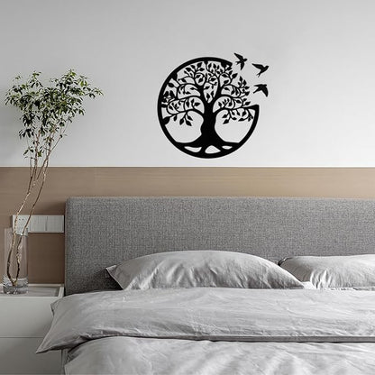 Tree of Life Wall Art Wooden Tree Life Wall Decor with Three Birds 12 Inch Round Family Tree Life Wall Hanging Plaque for Bedroom Living Room Kitchen Office Farmhouse Decor Indoor Outdoor (Round Tree of Life - Black)