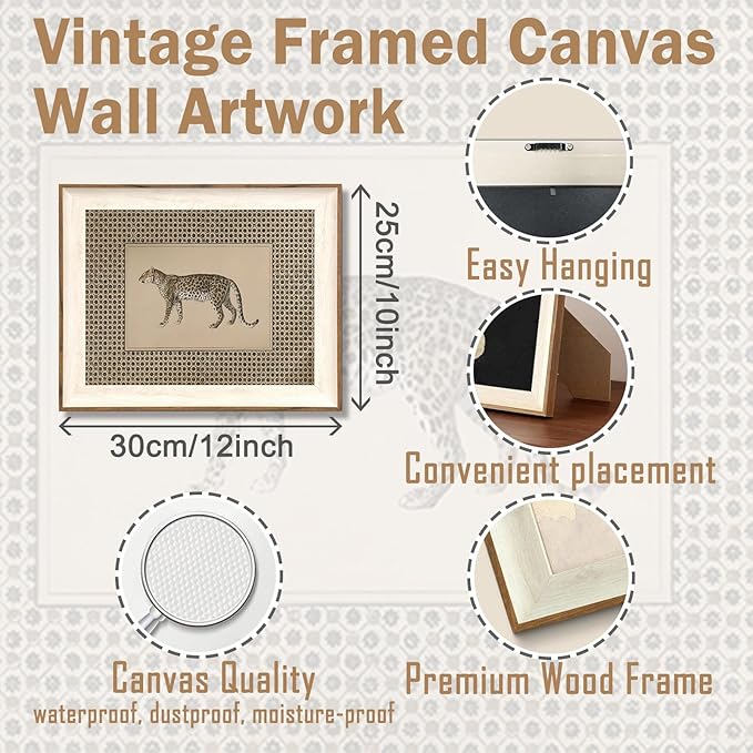 ASTRDECOR Vintage Leopard Framed Wall Art, Cheetah Safari Canvas Print, Wildlife Animal Artwork for Living Room, Bedroom, Neutral Farmhouse Decor 10"x12"